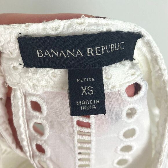 Banana Republic White Eyelet Mock Neck Peasant‎ Prairie 100% Cotton Blouse XSP - Picture 3 of 8